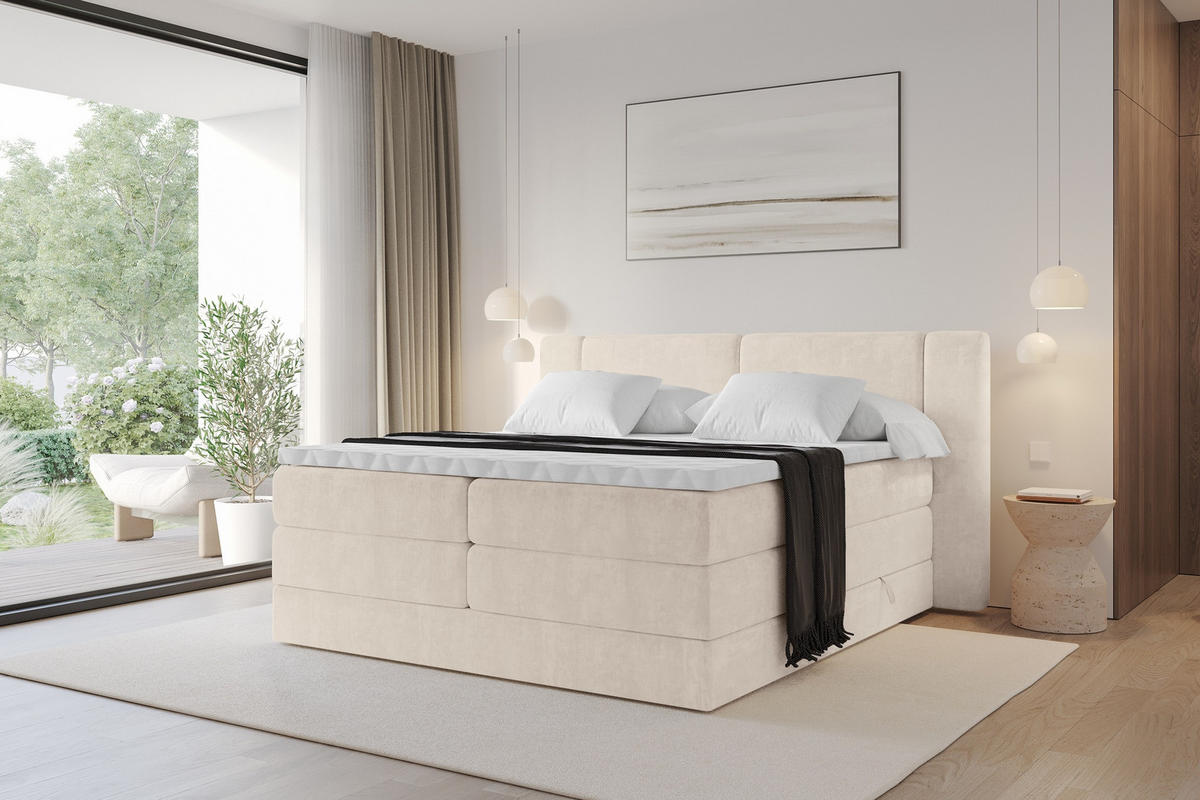 BOXSPRINGBETT mit Matratze H3/H4 - EVON KING - 140x200 cm Beige - Champagner, Holzwerkstoff (140/200cm) - ALTDECOR