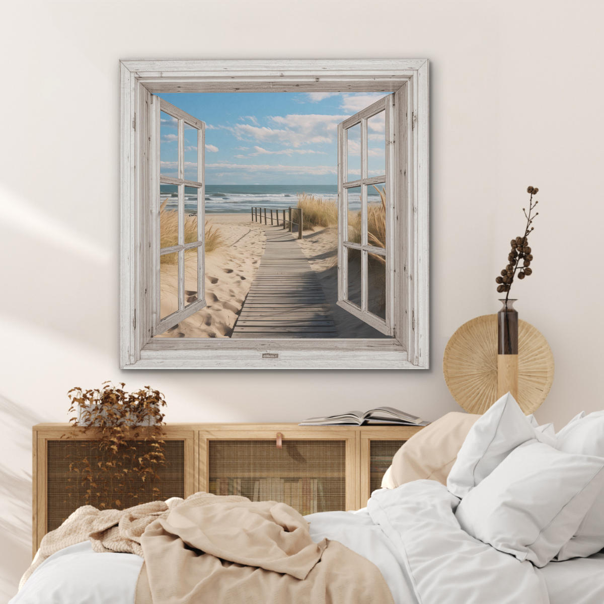 AKUSTIKPANEEL Fenster - Meer - Küste - Natur - Ausblick - Strand - Wattenmeer 90x90 cm - Beige, Textil (90/0.9/90cm) - MuchoWow