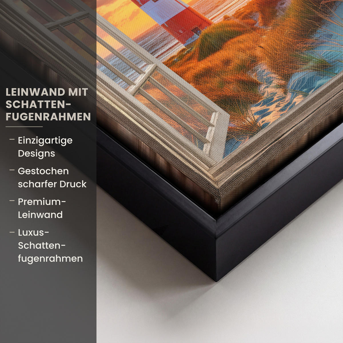 LEINWAND Bilder mit Rahmen - Aussicht - Fenster - Leuchtturm - Sonnenuntergang - Strand - 20x20 - Dunkelorange, Textil (20/20cm) - MuchoWow