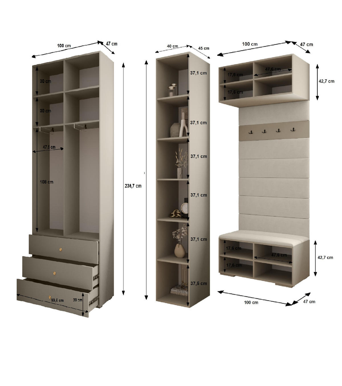 GARDEROBEN-SET 236,7/240/47 - Kaschmir/Schwarz, Holz/Kunststoff (240/236.7/47cm) - Abiks Möbel