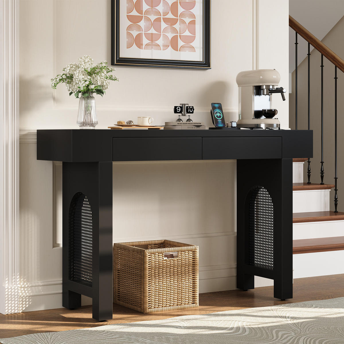 BEISTELLTISCH in Schwarz Konsolentisch mit Schubladen und Steckdosen für Eingangsbereich und Diele, B120/T35.5/H76.5 cm - Schwarz, Holzwerkstoff/Metall (35.5/120/76.5cm) - STILVORA