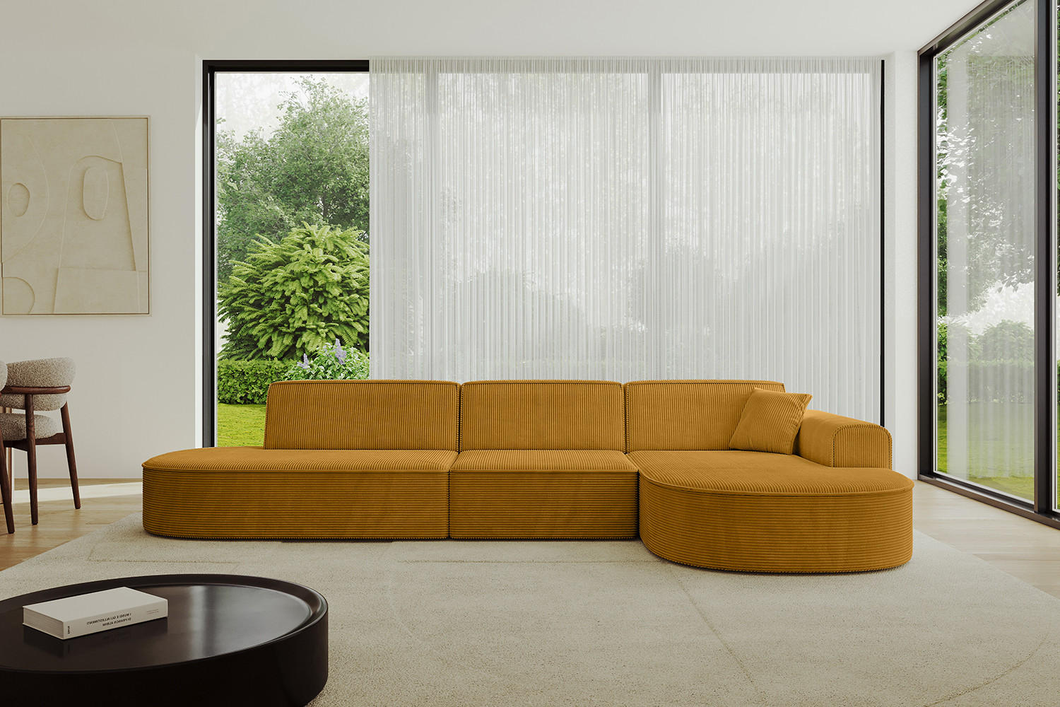 ECKSOFA Ottomane Rechts MARI-L2 - 317x163x73,5 cm Senfgelb Cord - Gelb/Schwarz, Holzwerkstoff/Kunststoff (317/163cm) - ALTDECOR