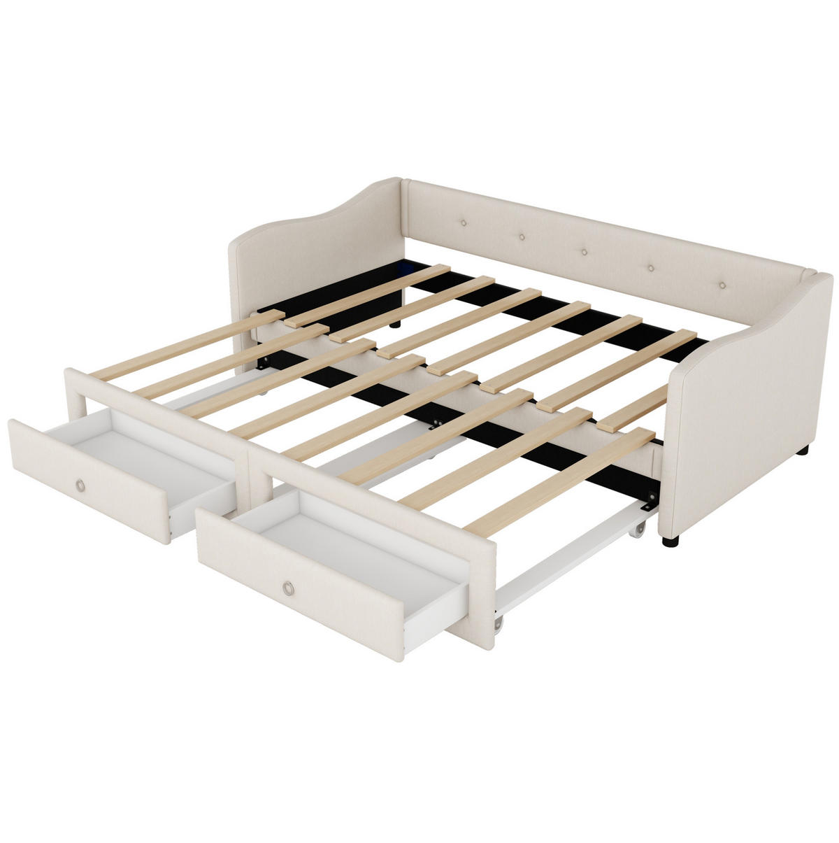 TAGESBETT 90/200 cm mit ausziehbarem Rollbett, 2 Schubladen und Leinenbezug, Beige - Beige, Textil (90/200cm) - Redom