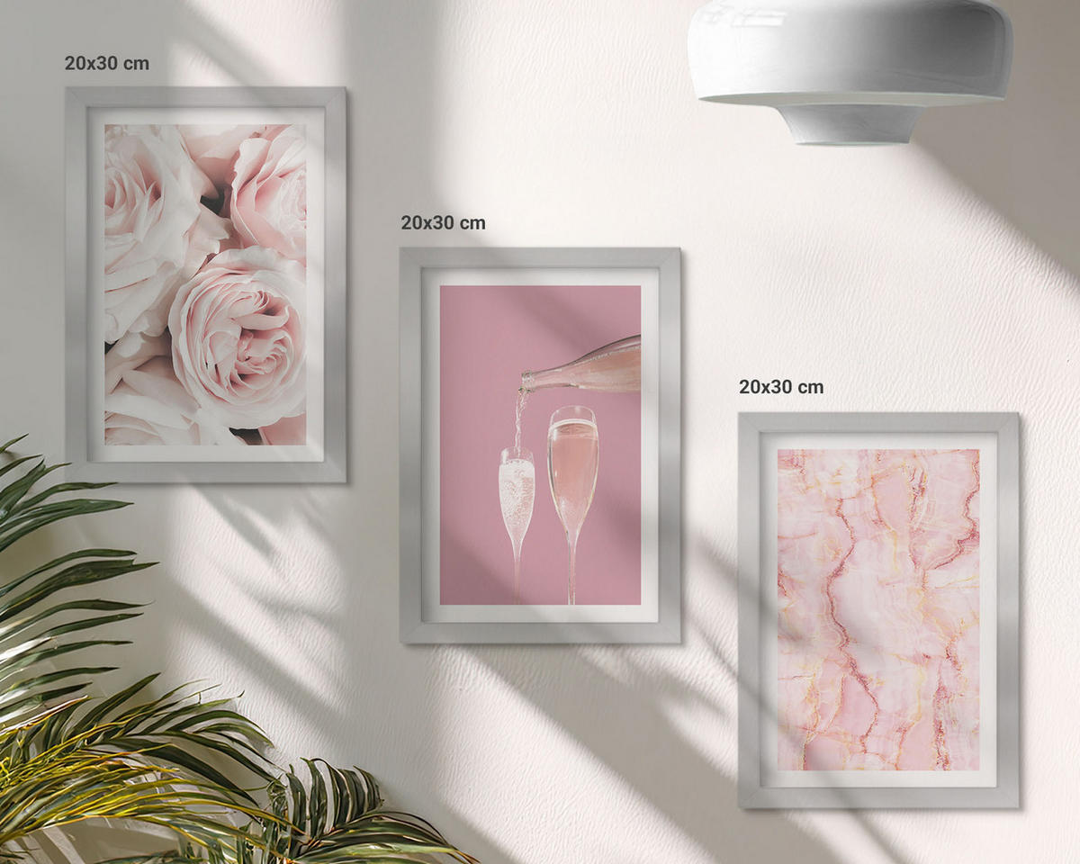 BILDER SET 3er Set - 20x30 cm Silberner Rahmen - Champagnerfarbene Rosen, Marmorhintergrund - Silberfarben, Kunststoff (20/30cm) - TULUP