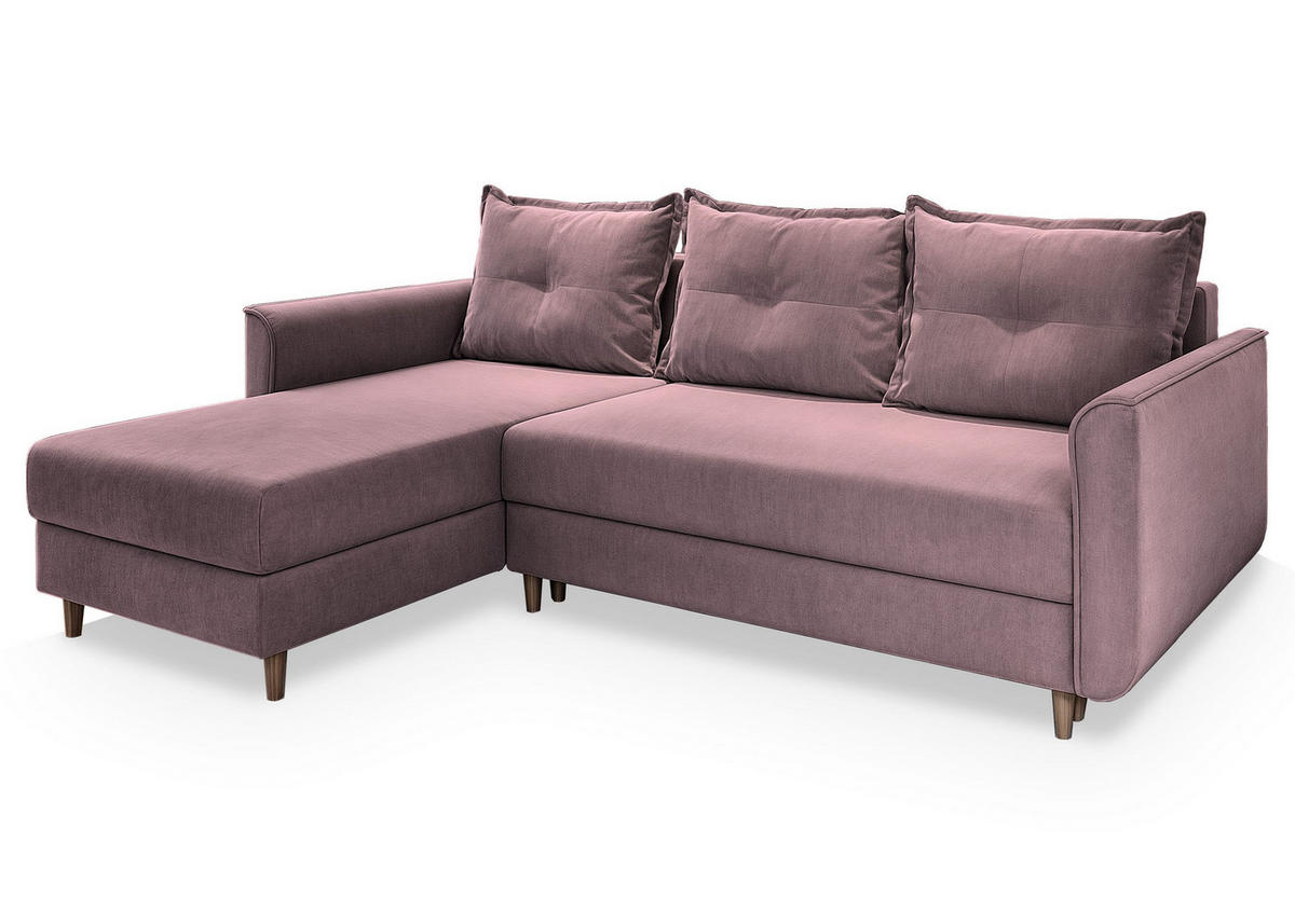 ECKSOFA PISAN L-S Rosa Plüsch-Stoff mit Schlaffunktion - Rosa, Holz (220/140cm) - MASSENO