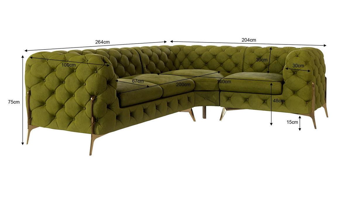 ECKSOFA Chesterfield Lexi Olive Samt, Ottomane rechts - Goldfarben/Olivgrün, Holz/Textil (264/204cm) - S-Style Möbel