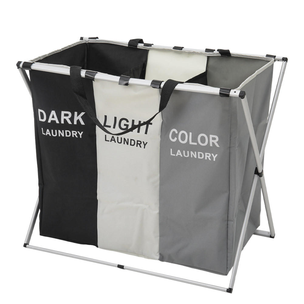 WÄSCHEKORB 3-Fächer Faltbar Aluminiumrahmen Oxford-Gewebe - Schwarz/Weiß, Textil/Metall (66/58/38cm) - Livingandhome