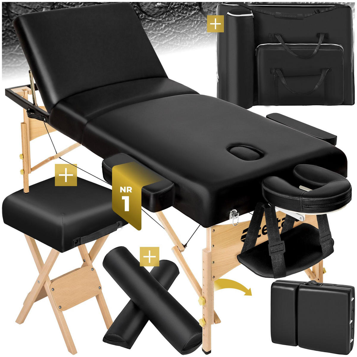 MASSAGELIEGE-SET 3 Zonen, 218 x 102 x 90 cm, schwarz - Schwarz, Holz (102/90/218cm) - tectake