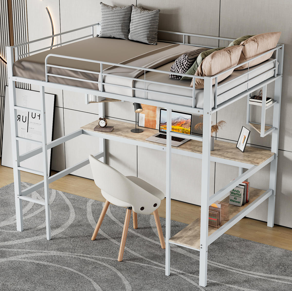 HOCHBETT 90/200 cm in Weiß mit Schreibtisch und Regalen aus Metall - Weiß, Metall (90/200cm) - Flora Grace