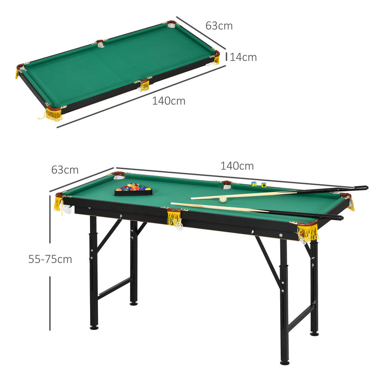 BILLARDTISCH DE-10760 klappbar & höhenverstellbar Grün - Grün, Holzwerkstoff (63/140cm) - ComfortXL