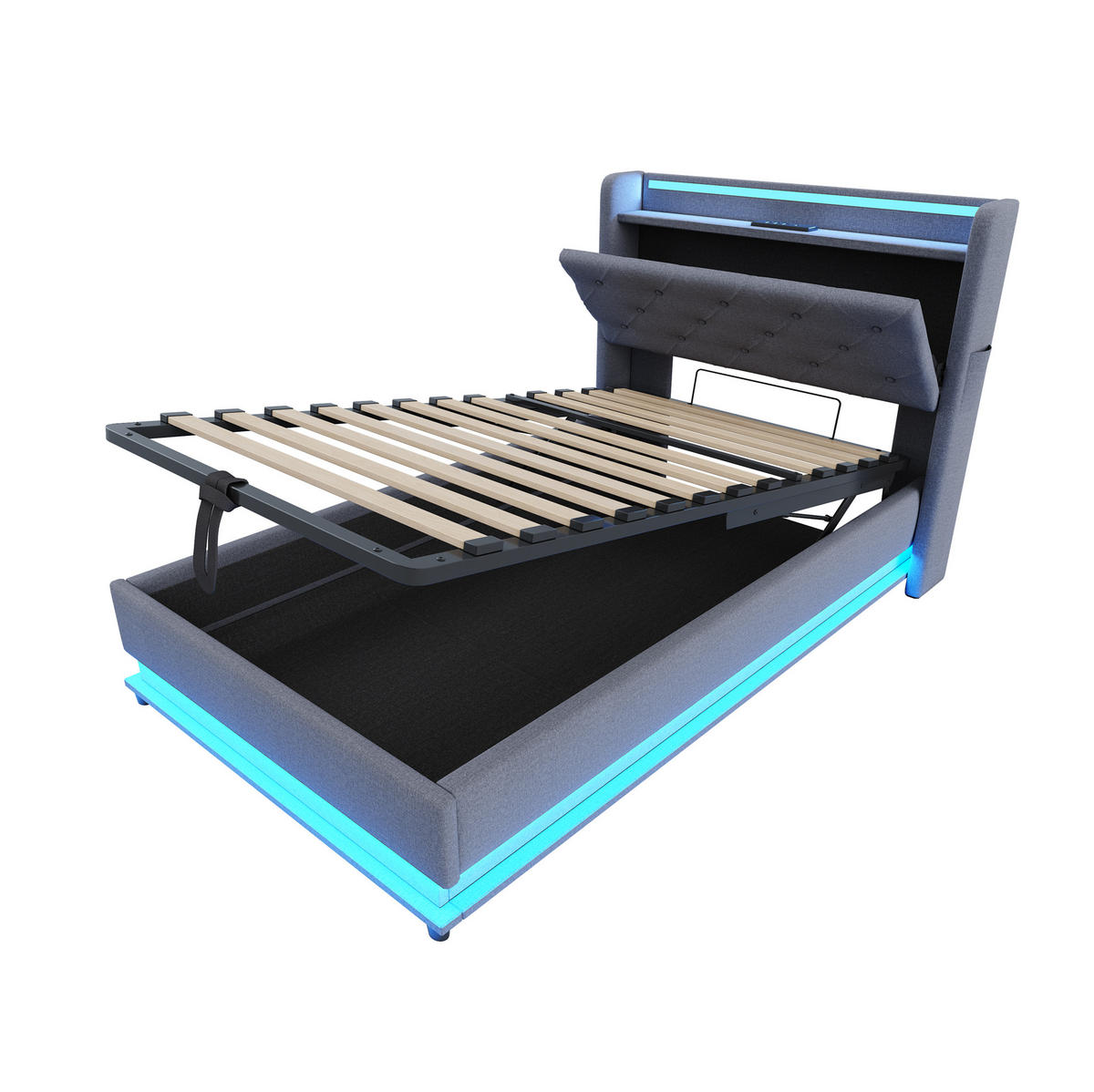 POLNJENA postelja iz leinen tkanine 90x200 cm siva z LED osvetlitvijo, 3 USB priključki, Type-C in hidravličnim prostorom - siva, tekstil (90/200cm) - Modfu