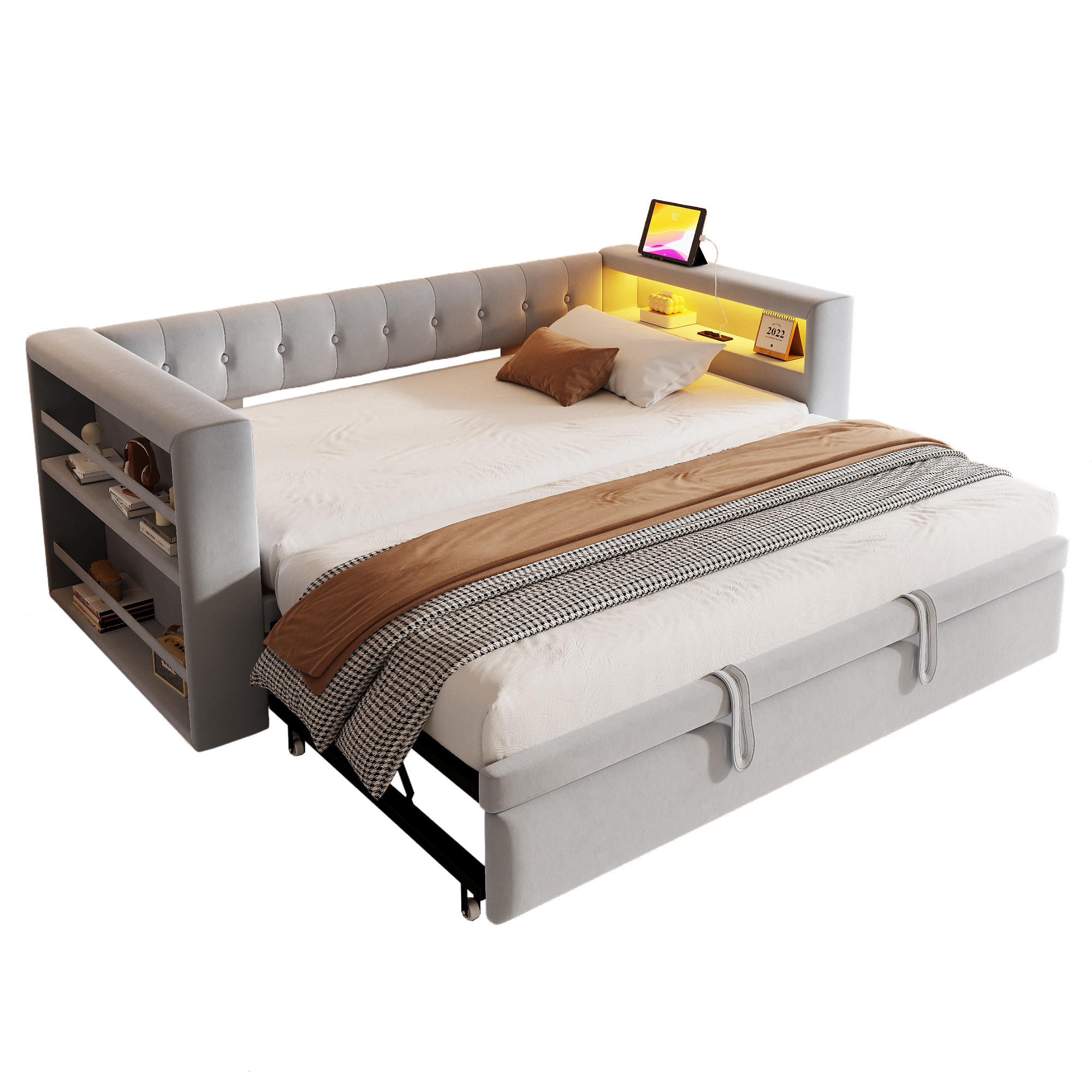 SCHLAFSOFA 90/180 × 190 cm in Hellgrau Stoff mit LED, Steckdose und Stauraum - Hellgrau, Holzwerkstoff/Textil (90/190cm) - WISHDOR