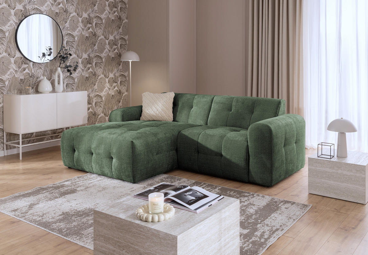 ECKSOFA mit Ottomane links, raffinierten Steppungen, Wellenunterfederung, B234/T161/H79 cm, Chenille-Bezug in Grün / 21040 - Schwarz/Grün, Kunststoff/Textil (234/79/161cm) - luma-home