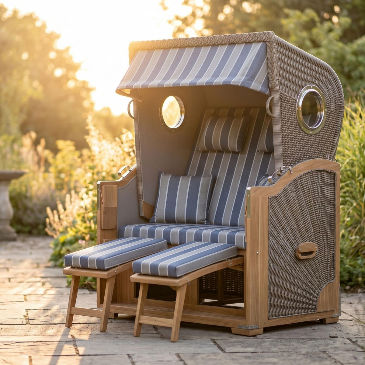 STRANDKORB Düne Grande Bullauge Teak PE Grey Dessin 580 - Blaugrau/Braun, Metall (142/170/95cm) - Mr. Deko