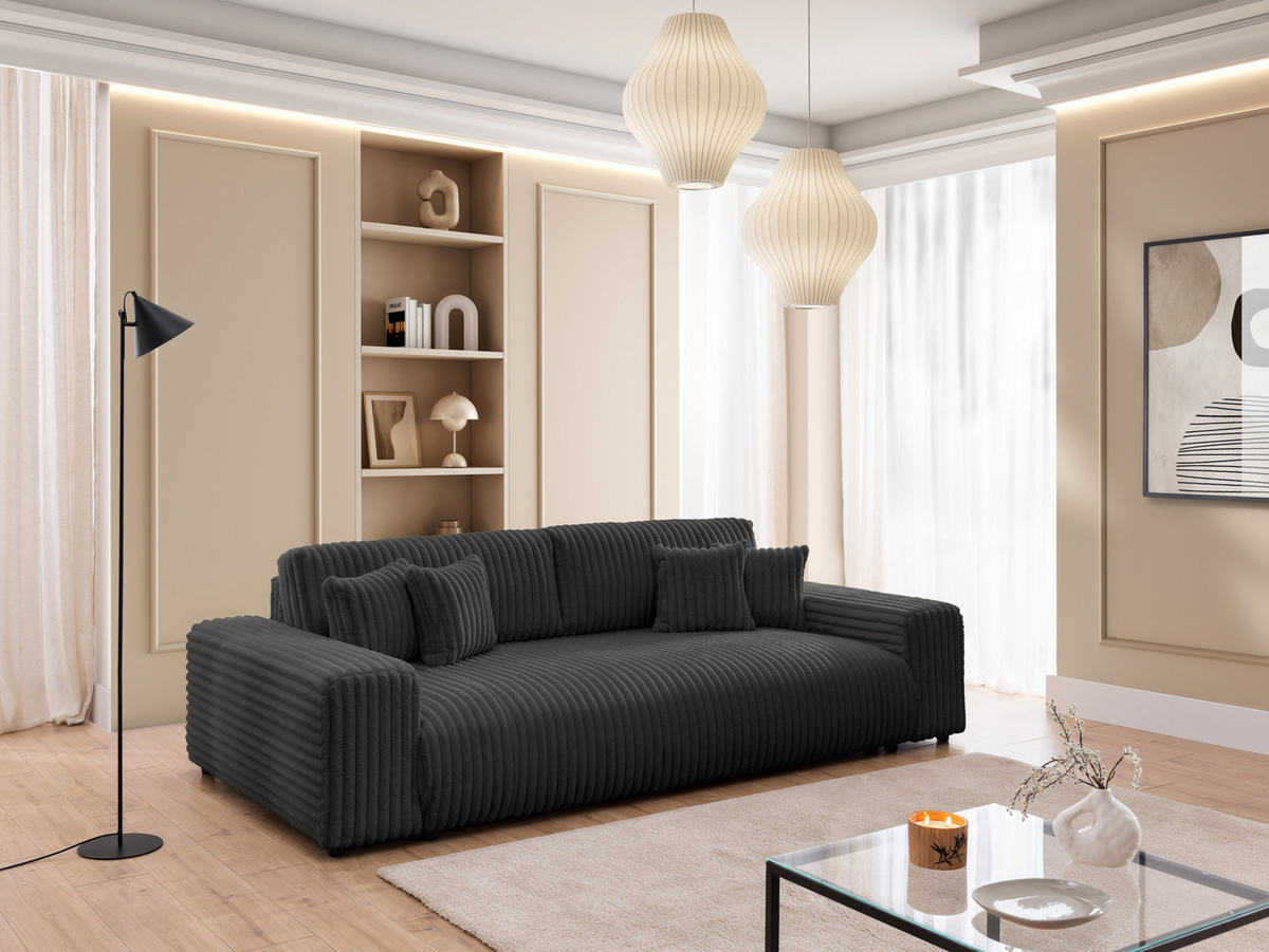 BIGSOFA Mollis Dunkelgrau Plüschcord mit Schlaffunktion - Dunkelgrau/Schwarz, Holz/Kunststoff (260/77/124cm) - S-Style Möbel