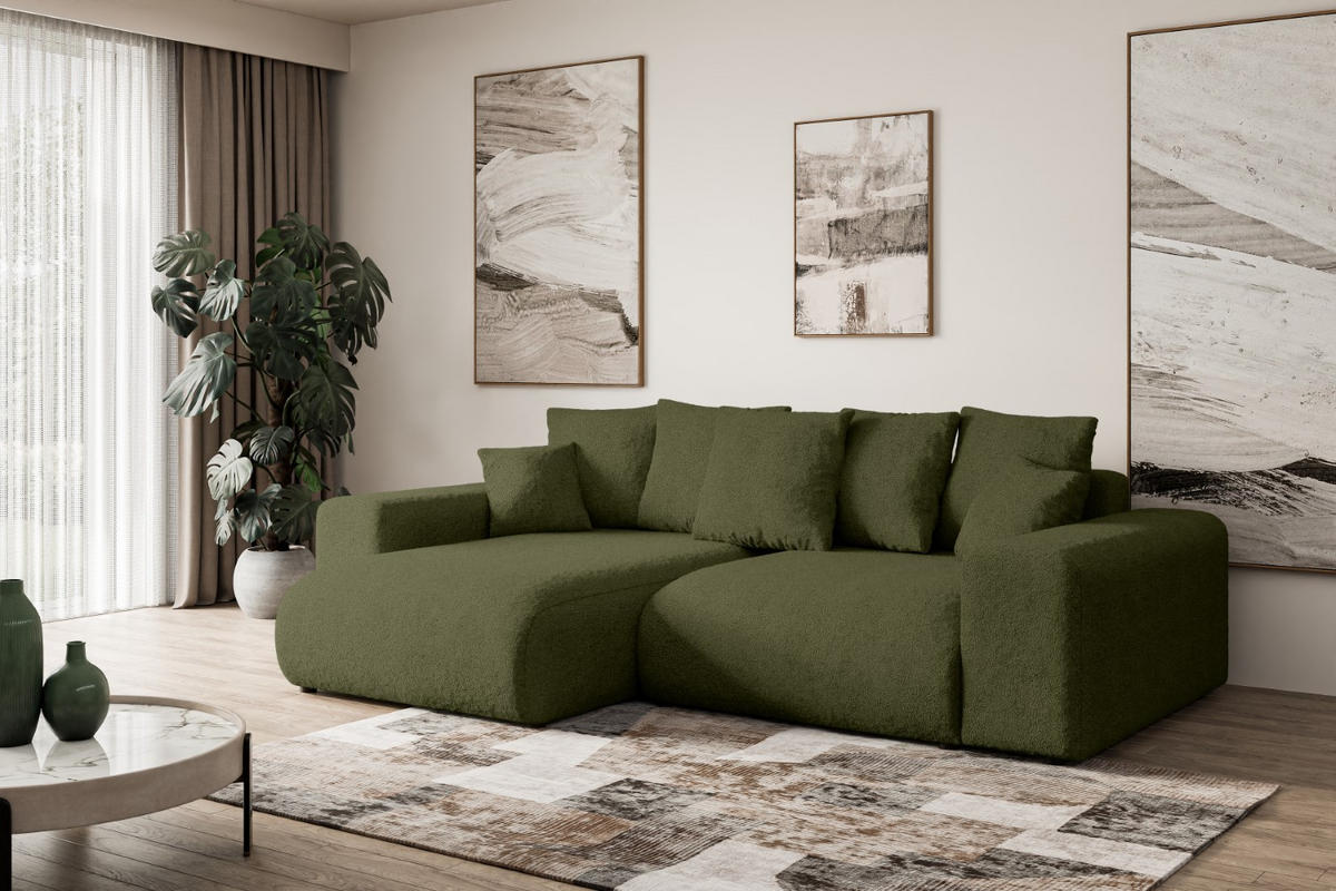ECKSOFA mit Schlaffunktion und Bettkasten ESKAR-L 256x165x84cm Grün Bouclé - Schwarz/Grün, Holzwerkstoff/Kunststoff (165/256cm) - ALTDECOR