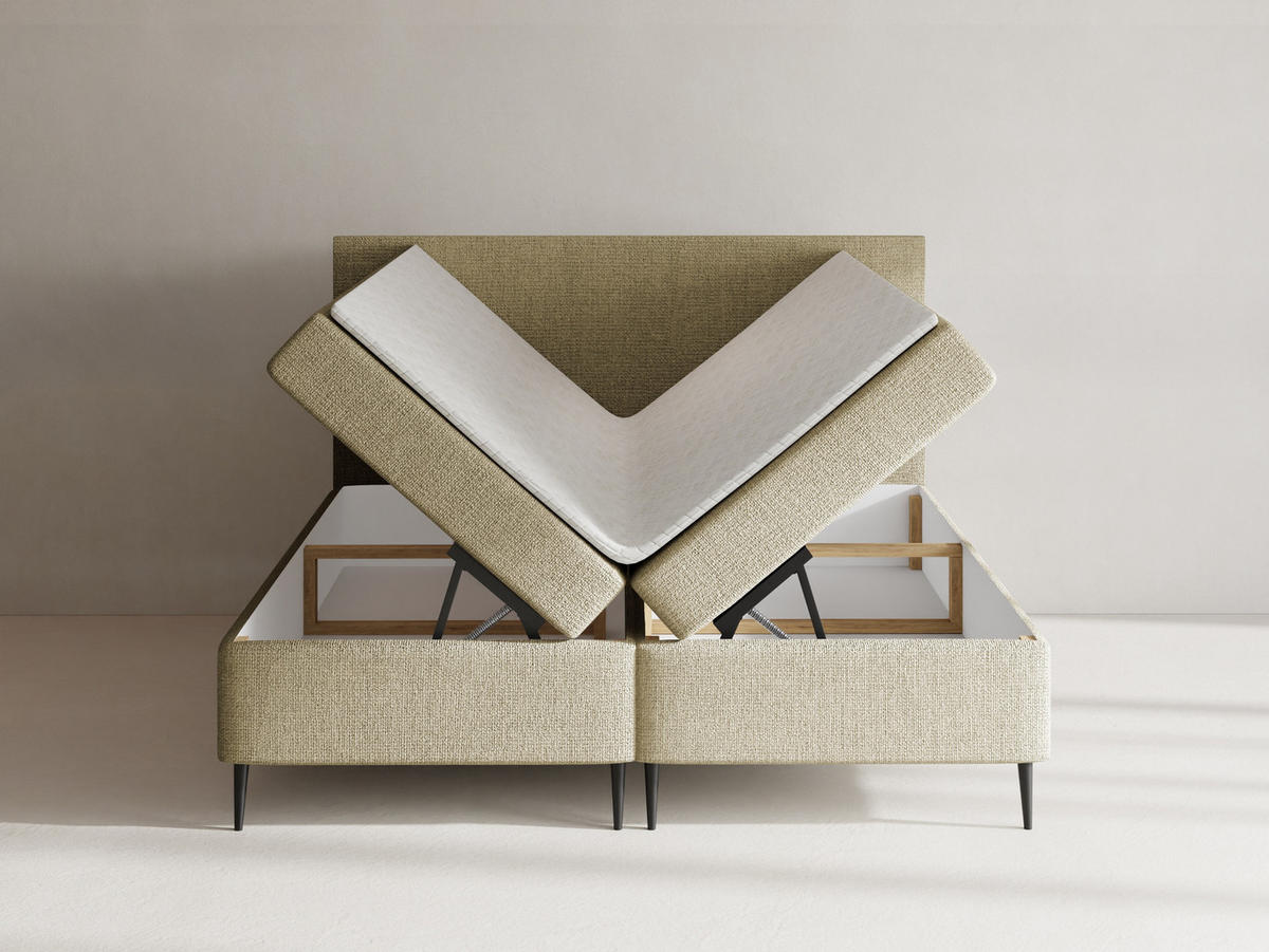 BOXBETT Alba Rise mit Bettkasten, Hell-Olivgrün Chenille 140x200 cm – inkl. H4 Taschenfederkern Matratze & Foam Topper - Schwarz/Olivgrün, Holz/Textil (140/200cm) - WFL GROUP