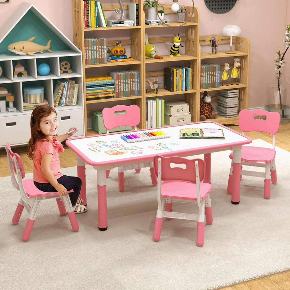 KINDERTISCH mit 4 Stühlen rosa(5-tlg) - Pink, Kunststoff (120/60/60cm) - COSTWAY
