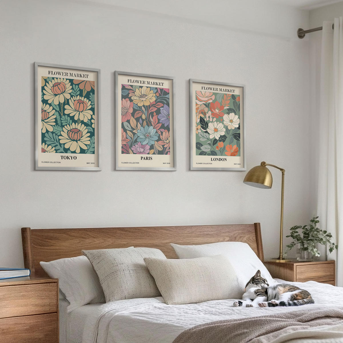 WANDBILDER 3er Set - 40x60 cm Silberner Rahmen - Blumenposter Tokio Paris London - Silberfarben, Kunststoff (40/60cm) - ArtPrintCave