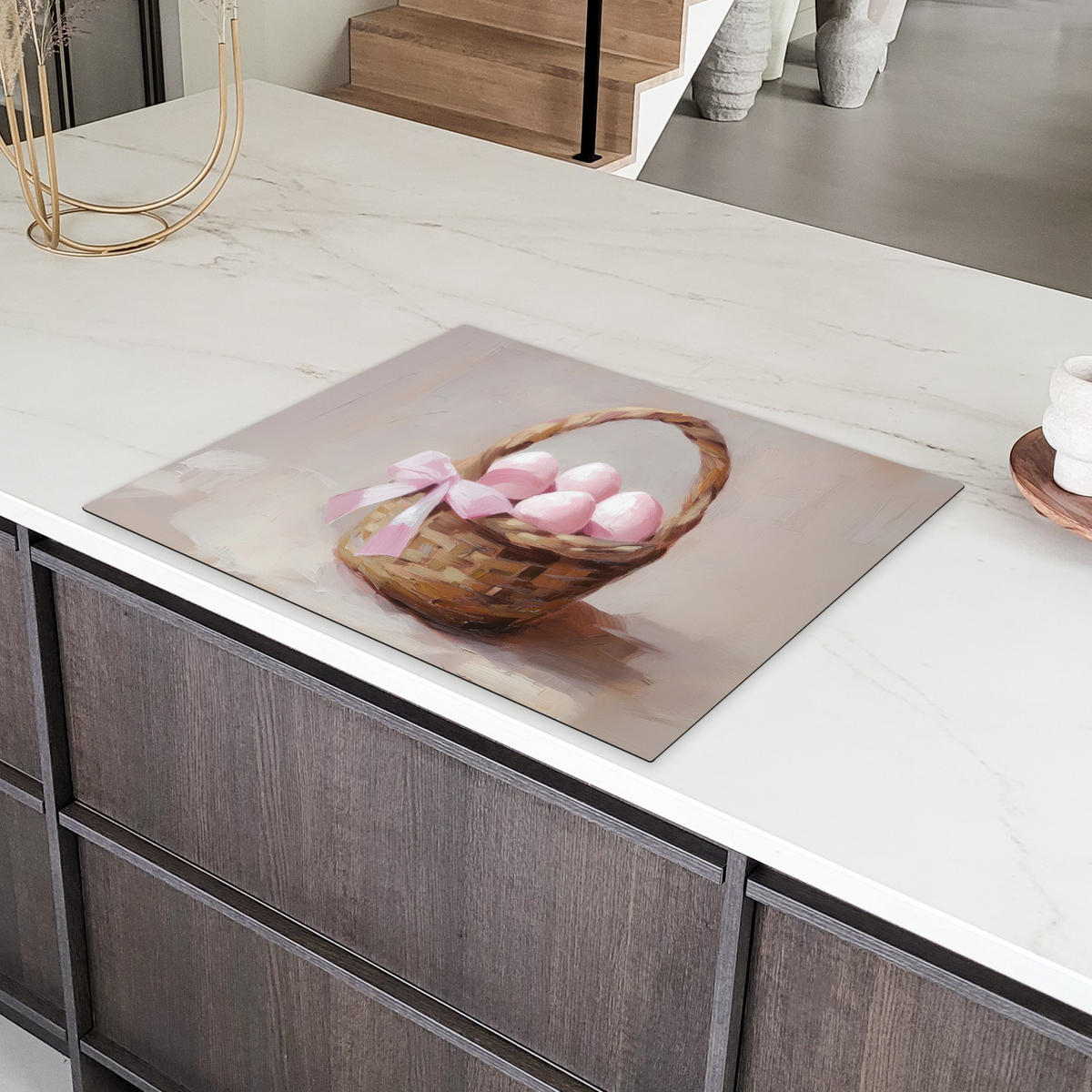 HERDABDECKPLATTE Korb - Eier - Rosa Induktionsmatte 77x59 cm - Beige, Kunststoff (77/59/0.2cm) - MuchoWow