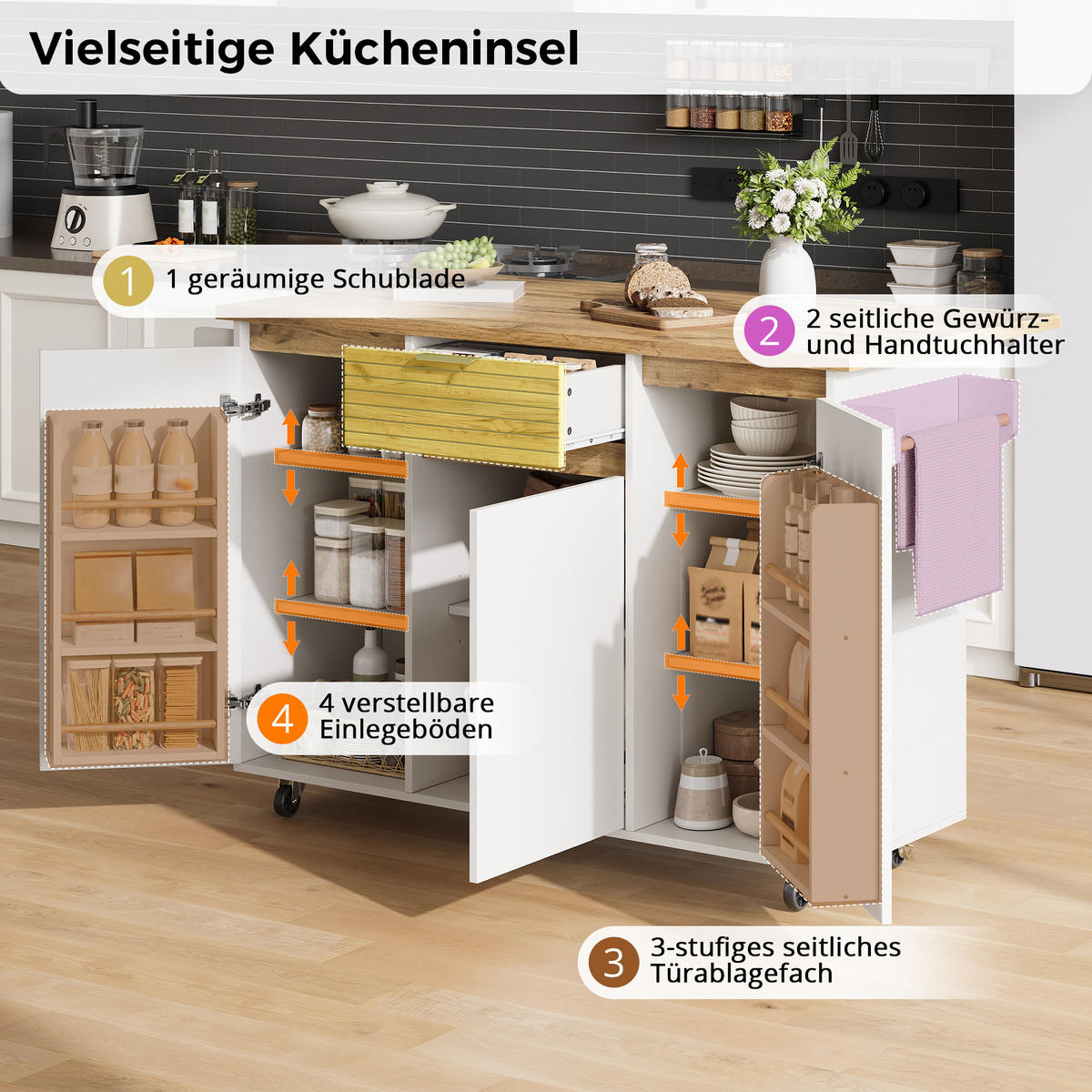 KÜCHENINSEL auf Rollen 120/45/90 cm Weiß mit klappbarer Arbeitsplatte, 1 Schublade und 3-stufigem Türregal - Silberfarben/Weiß, Holz/Holzwerkstoff (70/90/120cm) - Oxeza