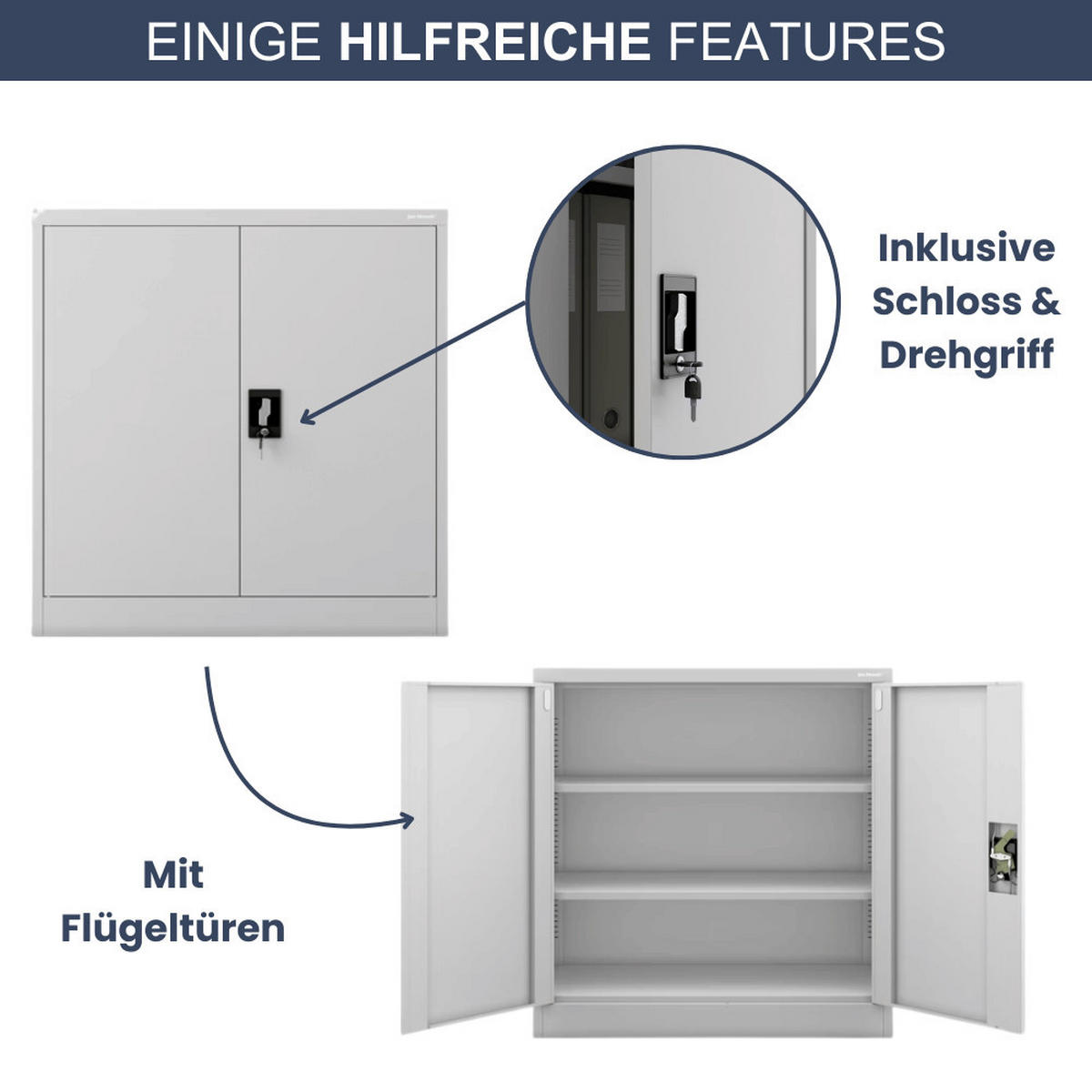 AKTENSCHRANK abschließbar KADO mit Flügeltüren 93x90x40cm Grau - Grau, Metall (90/93/40cm) - DELUKE