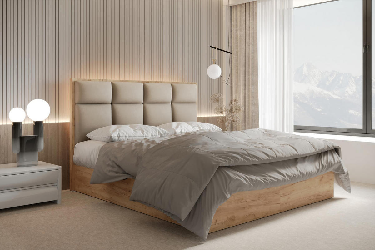 BOXBETT 140 x 200 cm mit Bettkasten und Taschenmatratze H3, SELVA, Bett mit Topper 5 cm und Holzelemente, Beige - Beige, Holzwerkstoff/Kunststoff (140/200cm) - Trada