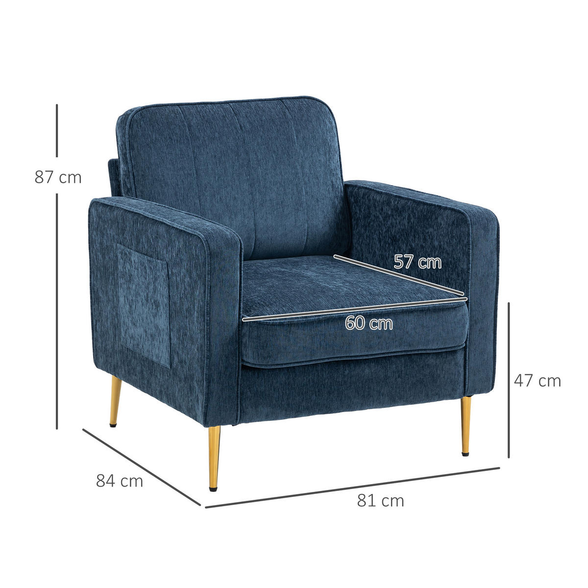 SESSEL DE-13399 mit goldenen Stahlfüßen & Seitentaschen Blau - Blau, Textil (84/87/81cm) - ComfortXL