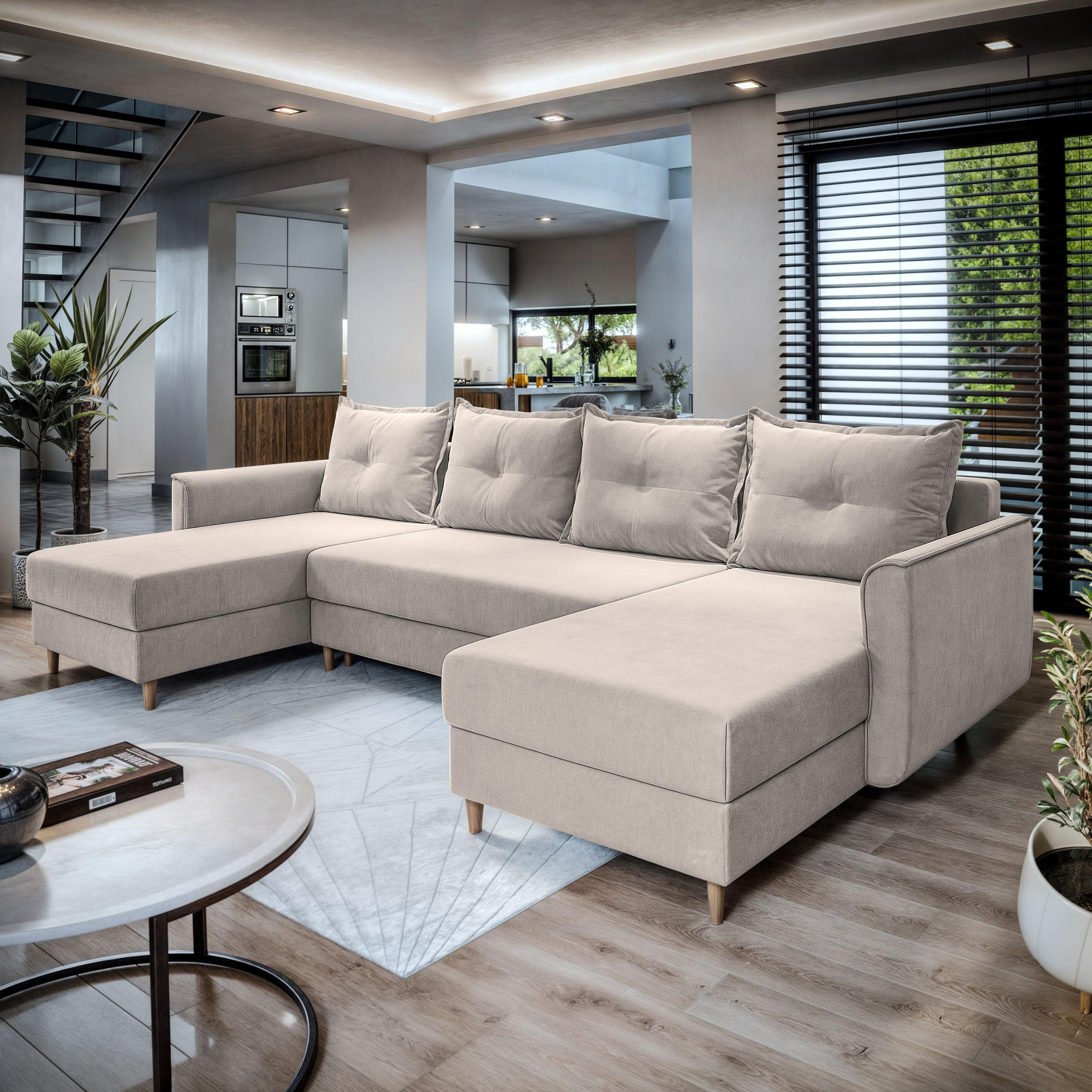 WOHNLANDSCHAFT VERNI Beige Plüsch-Stoff mit Schlaffunktion - Beige, Holz (285/91/143cm) - MASSENO