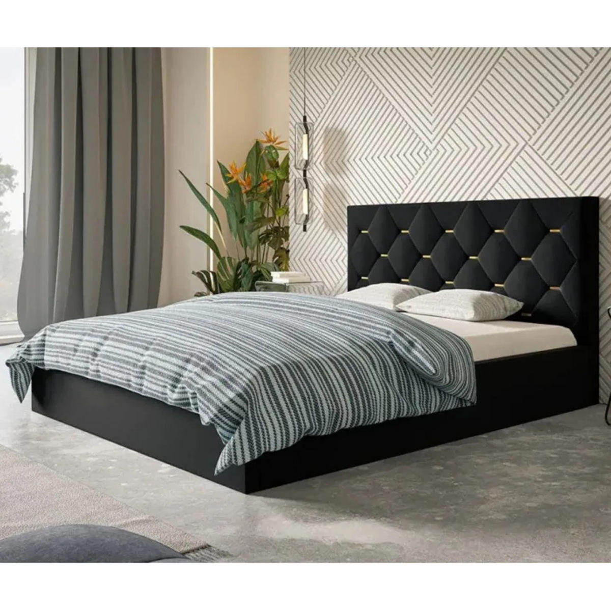 POLSTERBETT SIM 4 mit Kopfteil, 120 x 200 cm mit Bettkasten und Lattenrost aus Holz, Velourstoff, Farbe: Schwarz - Schwarz, Holz/Kunststoff (120/200cm) - Sepro Meble