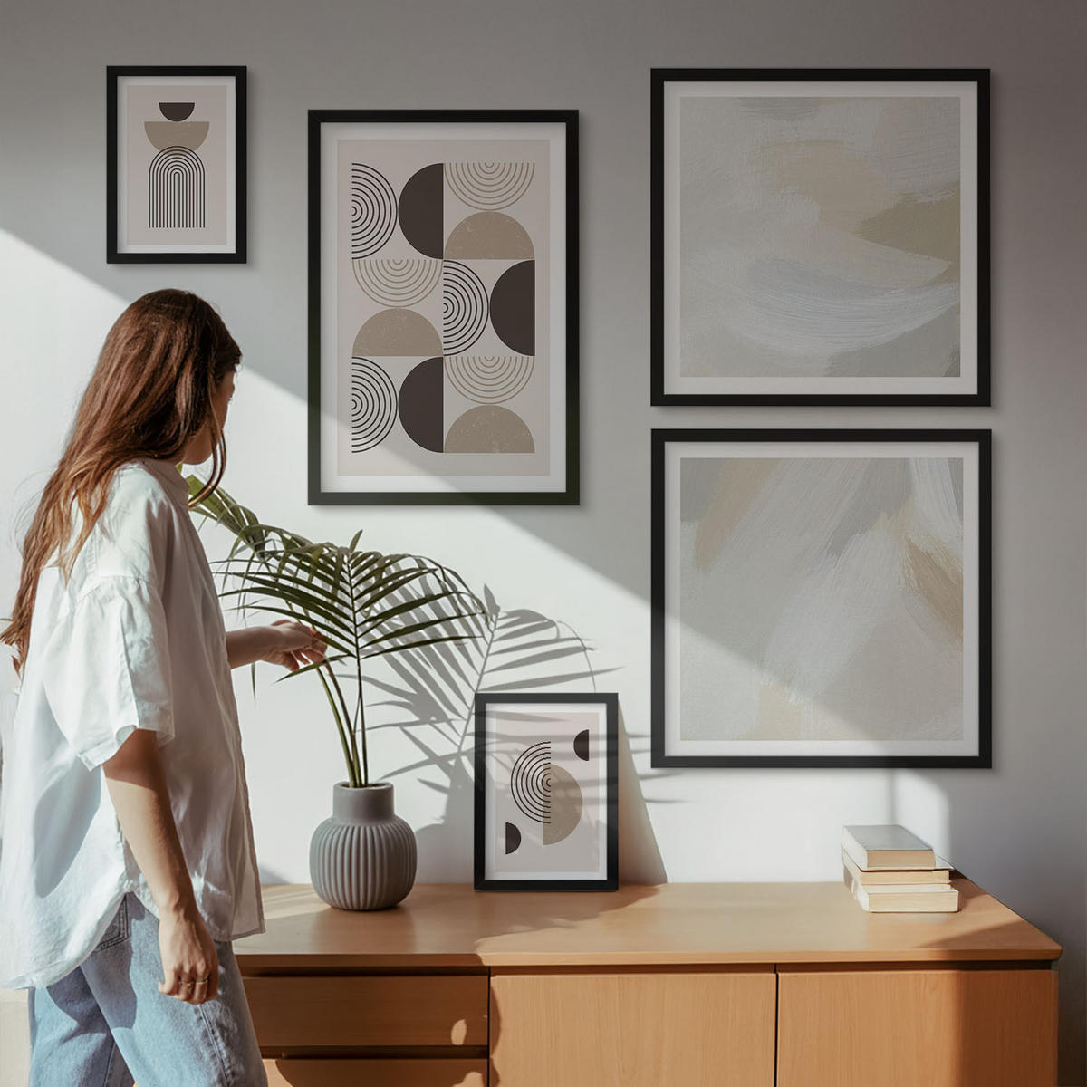 BILDER SET 5er Set - 50x50 cm & 20x30 cm & 40x60 cm Schwarzer Rahmen - Abstrakte geometrische Muster - Schwarz, Kunststoff (40/60cm) - TULUP