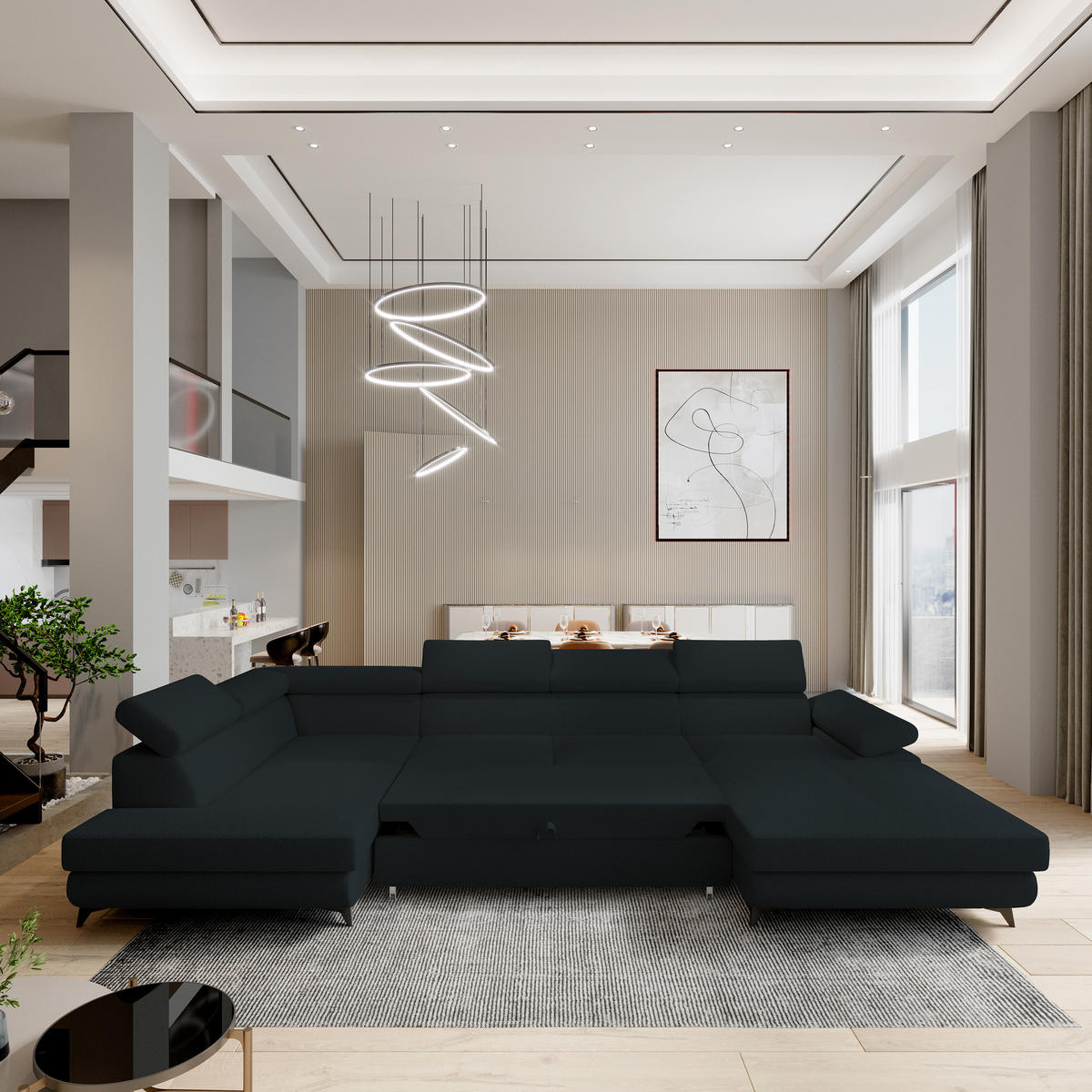 WOHNLANDSCHAFT RUBANO L-S Schwarz Boucle-Stoff mit Schlaffunktion - Schwarz, Holz (339/89/190cm) - MASSENO