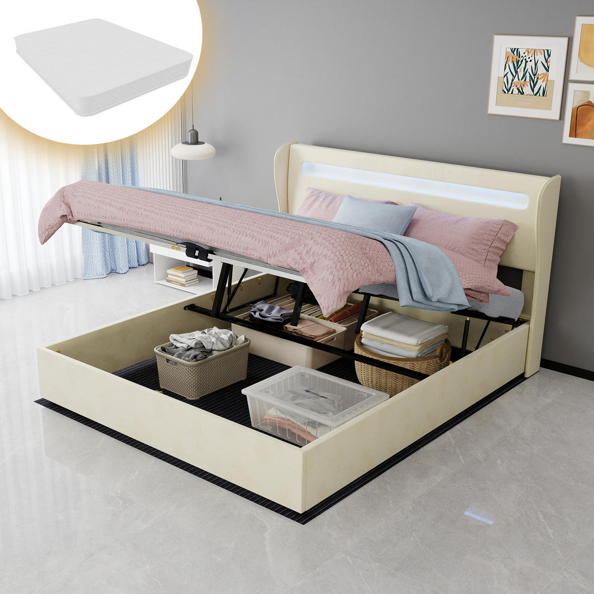 STAURAUMBETT 160/200 cm DE-32986 mit LED-Kopfteil und Matratze Beige - Beige, Metall (160/200cm) - ComfortXL