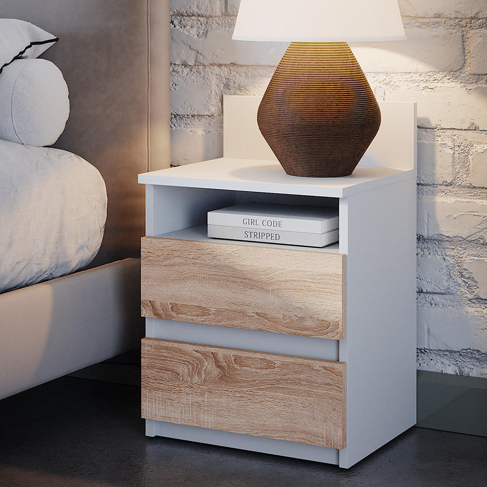 NACHTTISCH Monty Weiß/Sonoma 32.3 x 59.1 cm mit 2 Schubladen - Weiß/Sonoma Eiche, Holzwerkstoff (32.3/59.1/39.6cm) - Vicco