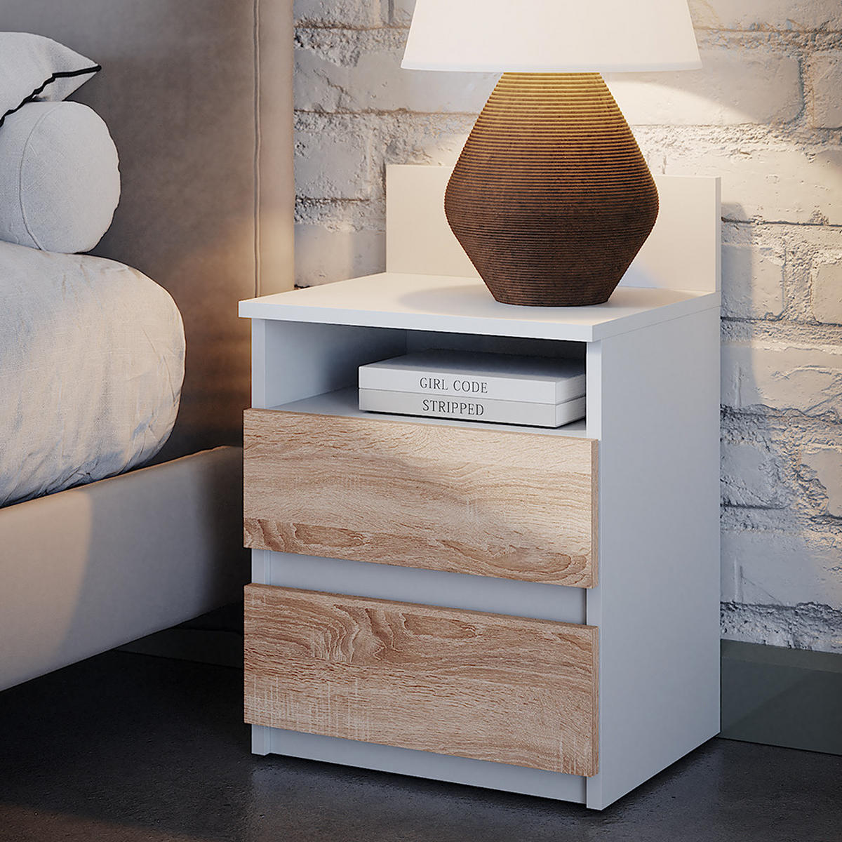 NACHTTISCH Monty Weiß/Sonoma 32.3 x 59.1 cm mit 2 Schubladen - Weiß/Sonoma Eiche, Holzwerkstoff (32.3/59.1/39.6cm) - Vicco