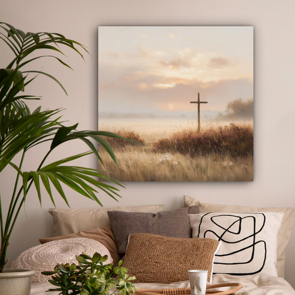 LEINWANDBILD Gras - Morgennebel - Kreuz - Christentum Deko Groß 90x90 cm - Beige, Textil (90/90cm) - MuchoWow
