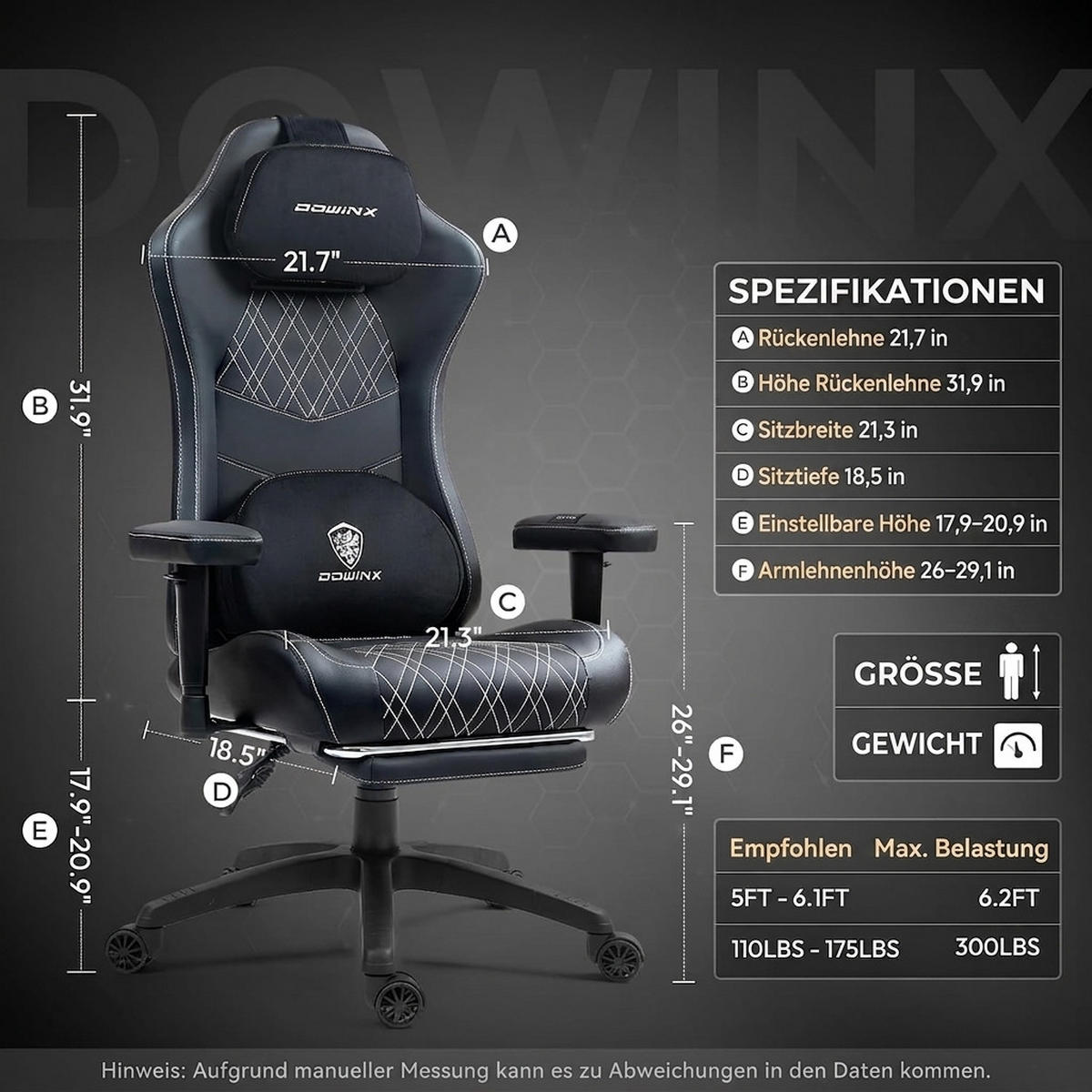 GAMING Stuhl &Massage-Wärmefunktion, atmungsaktivem Taschenfederkissen - Schwarz, Leder (60/127/60cm)