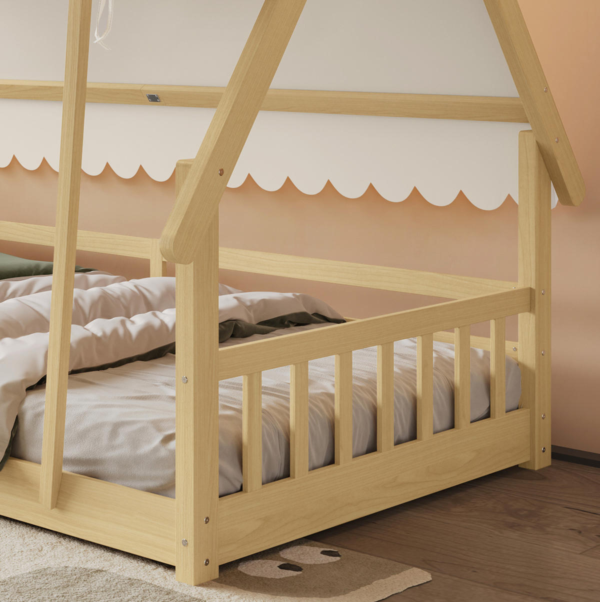 KINDERBETT 90/200 cm in Hausform mit Zelt und Sicherheitsgeländer - Weiß, Holz (90/200cm) - BEAOK