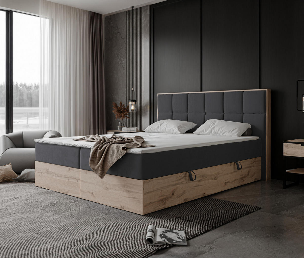 BOXBETT LAVIO II 180/200 cm, in Dunkelgrau, mit Matratze und Topper - Dunkelgrau, Holzwerkstoff/Textil (180/200cm) - Idohome