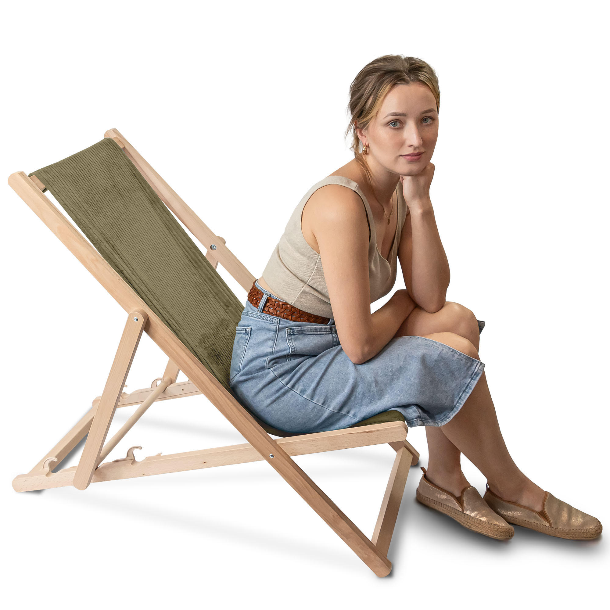 HOLZLIEGESTUHL klappbar Buchenholz Cord-Gewebe Dark Olive M - Olivgrün/Grün, Holz/Textil (54/85/92cm) - Dreamroots