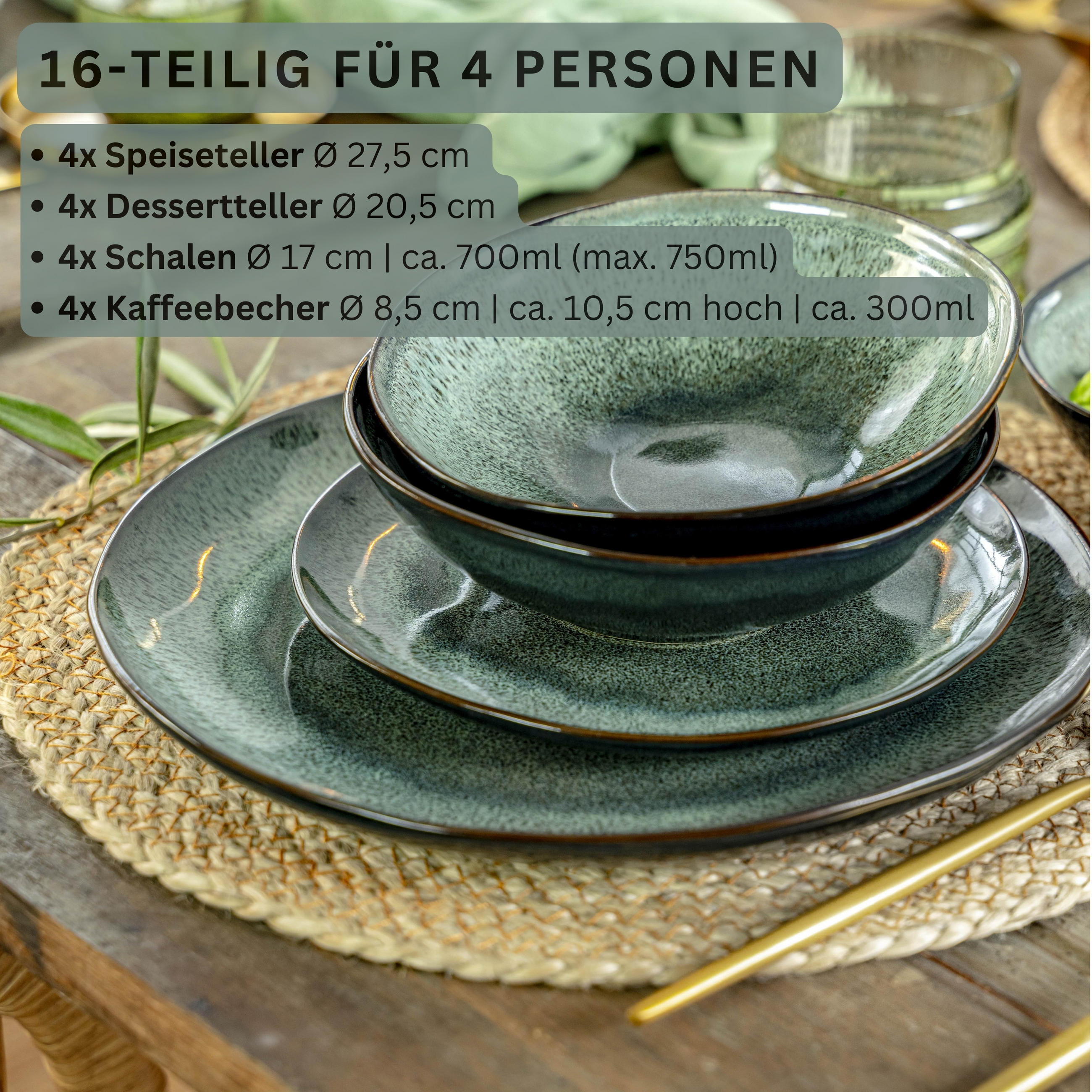 SÄNGER Steingut Geschirrset Kopenhagen, Kombiservice 16 teilig für 4 Personen - Grün, Stein (50/30/80cm) - Sänger