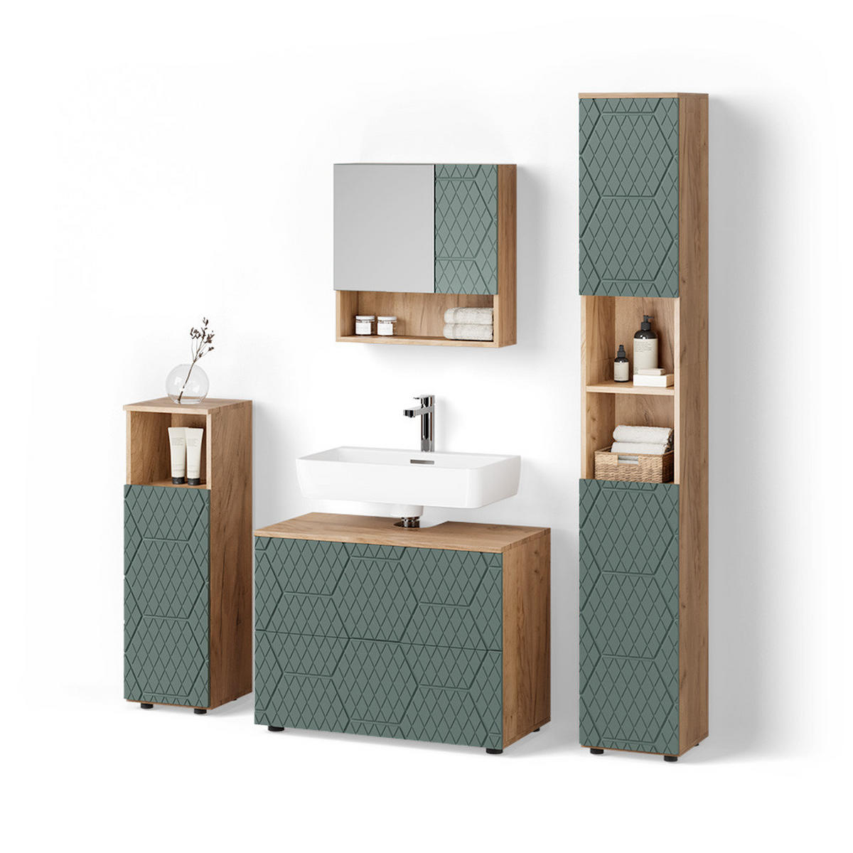 BADMÖBEL-SET Ronco Grün/Goldkraft Eiche 4 Teile, mit Schubladenschrank und Hochschrank - Eiche Wotan/Grün, Holzwerkstoff (80/58/41cm) - Livinity®