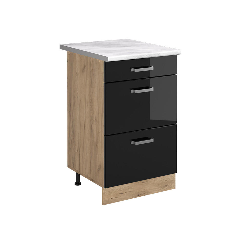 KÖKSUNDERSKÅP R-Line, Svart högblank/Goldkraft ek, 50 cm Marmuras stalviršis Svart högglans, Honungsek 81.6/50/60 cm
