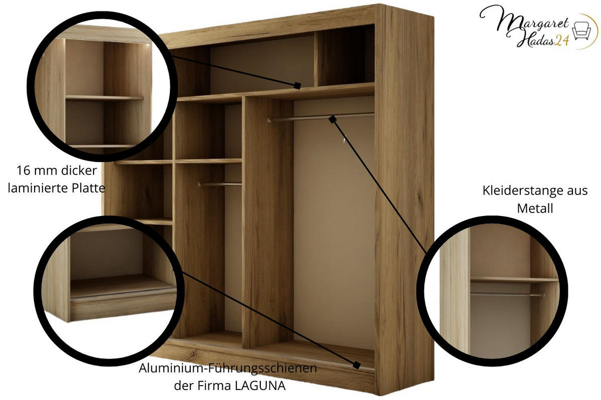 SCHWEBETÜRENSCHRANK Padwa 200 cm mit Spiegel 2-türig, Eiche sonoma - Sonoma Eiche, Kunststoff (200/215/61cm) - Margaret Hadas24