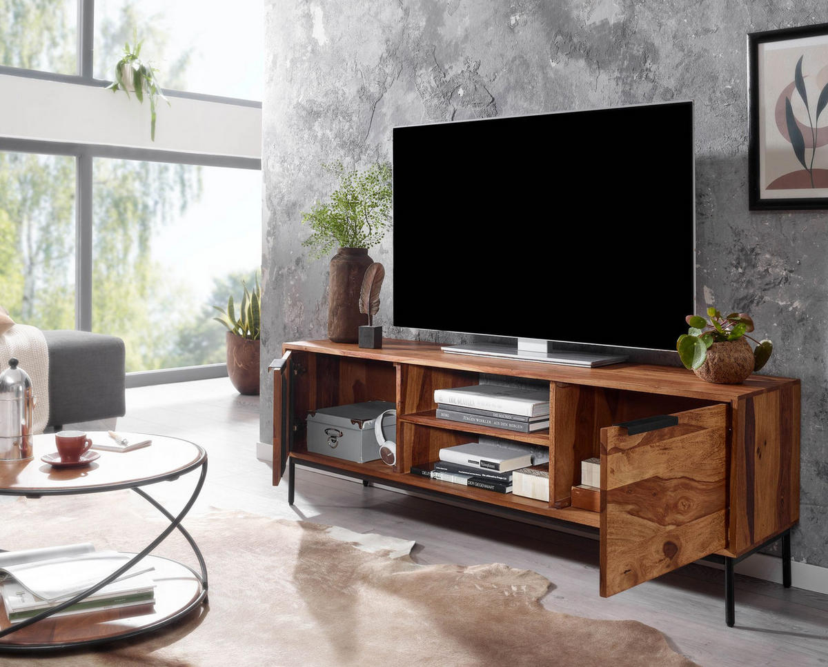 LOWBOARD Massivholz Landhausstil für 60-Zoll Fernseher mit offenen Fächern - Schwarz/Braun, Holz/Metall (147/51/38cm) - KADIMA DESIGN