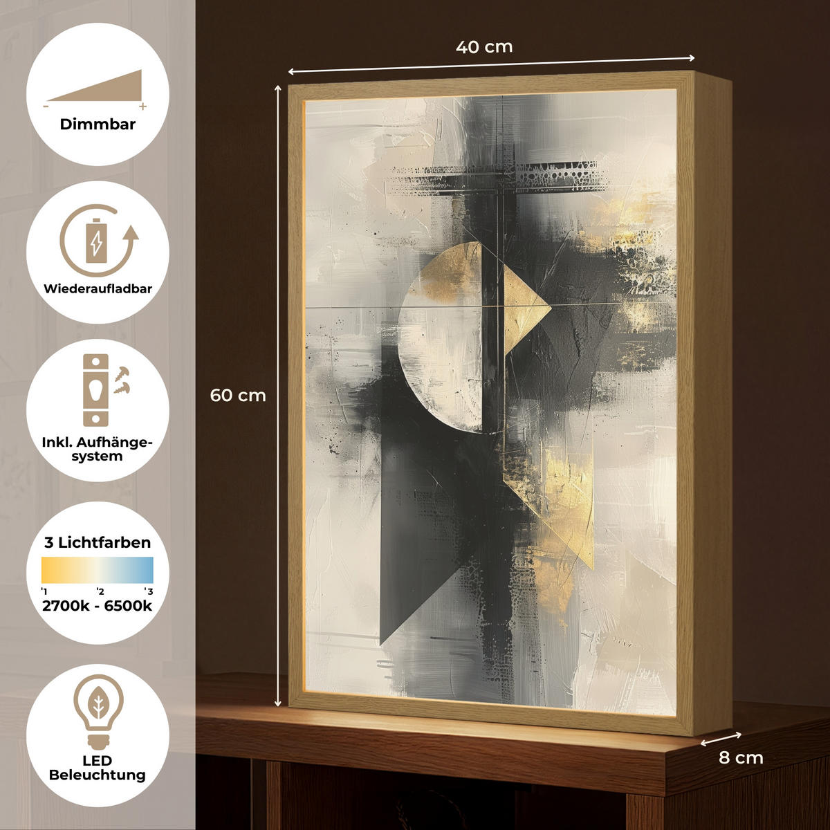 NÁSTĚNNÁ LAMPA S AKUMULÁTOREM Abstraktní - černá - barva - moderní 40x60 cm - šedá, kompozitní dřevo (40/60/8cm) - OnlyWow