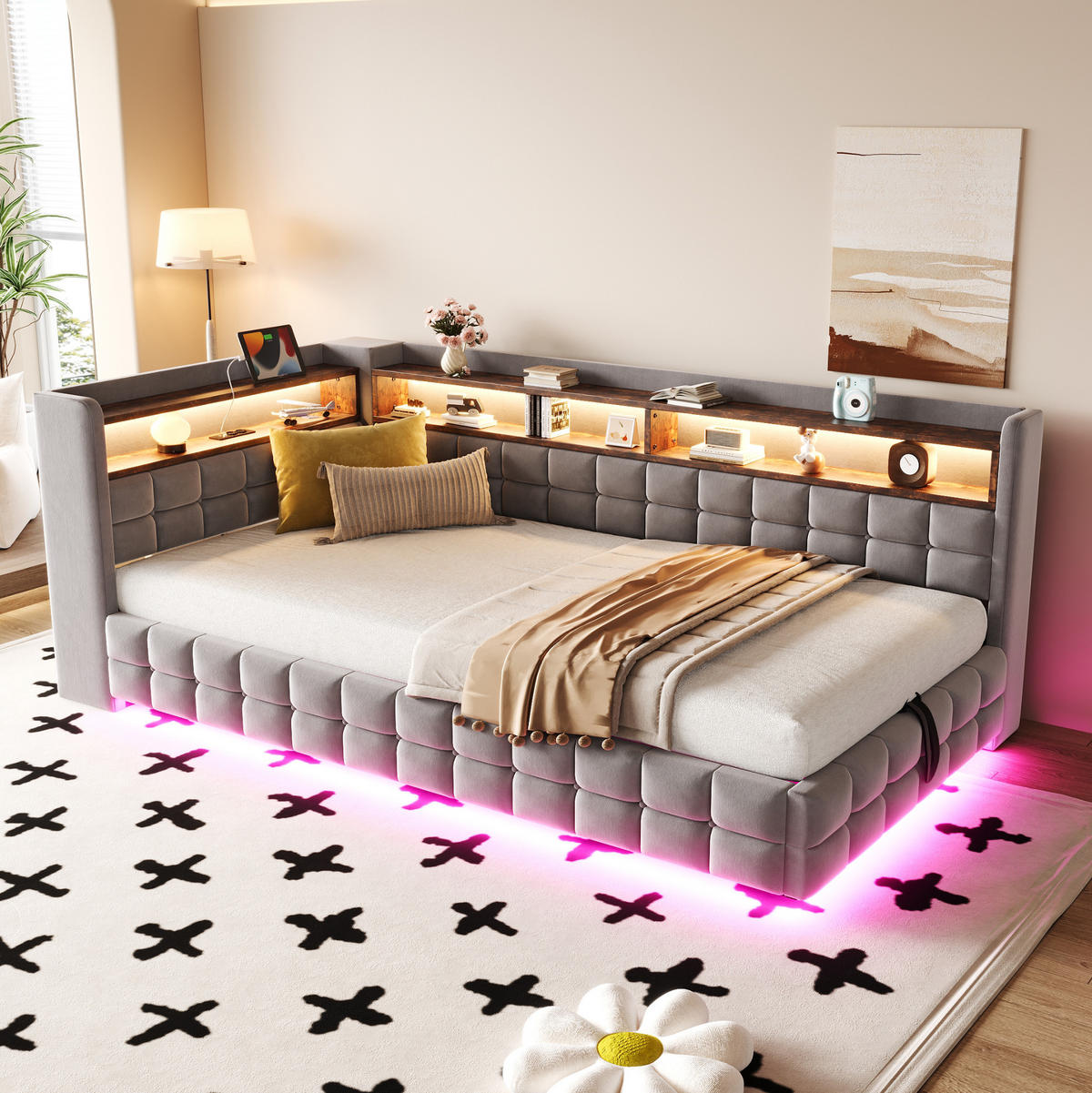 SCHLAFSOFA 90/200 cm mit hydraulischem Stauraum, Holzregalen, LED, Steckdose, USB und Typ-C, Samt, Hellgrau - Hellgrau, Textil (90/200cm) - Redom