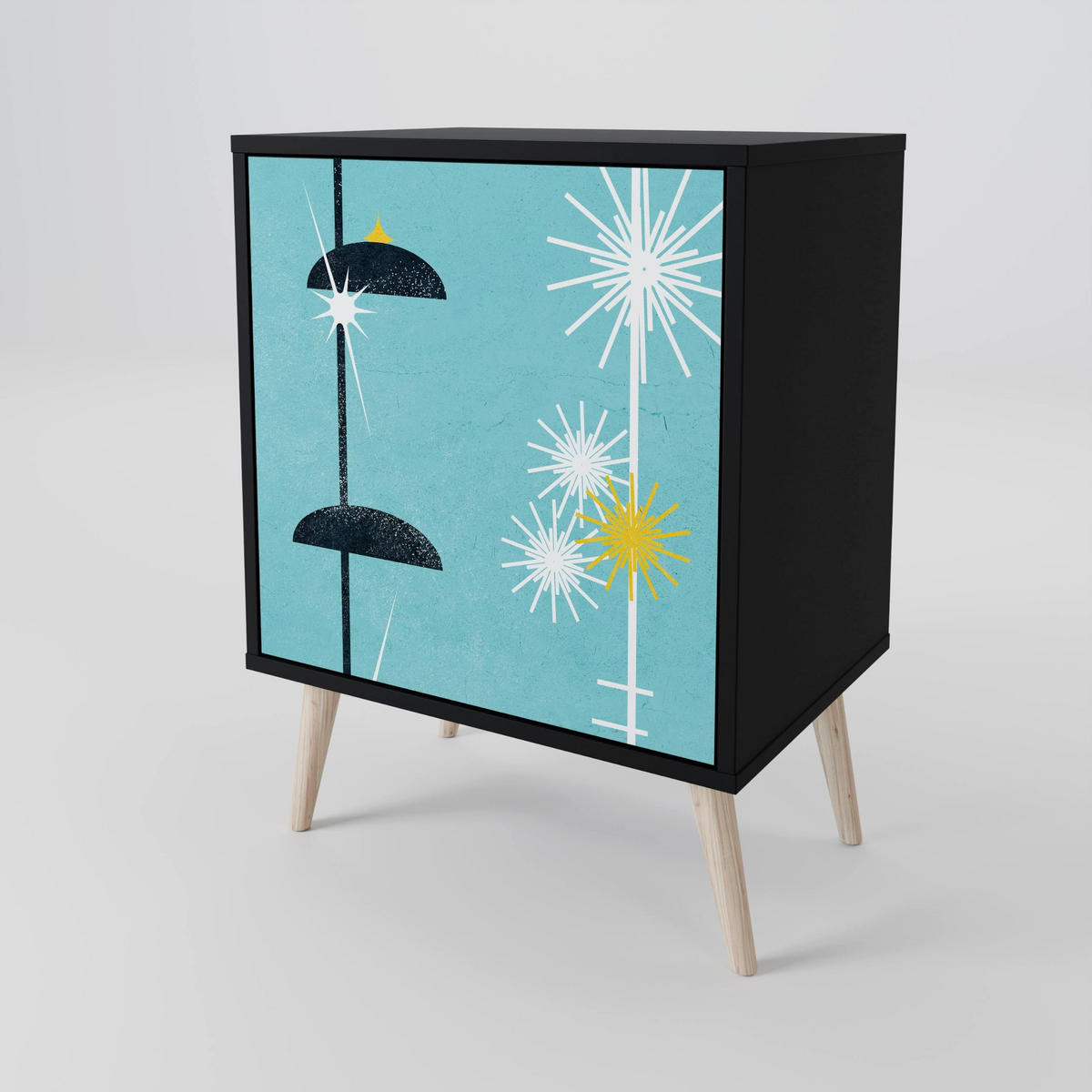 SIDEBOARD PATHS TO HAPPINESS, Schwarz, 57,5x42x75,5 cm, Goldfarbene Metallfüße - Goldfarben/Multicolor, Holzwerkstoff/Metall (57.5/75.5/42cm) - SpaceRebels