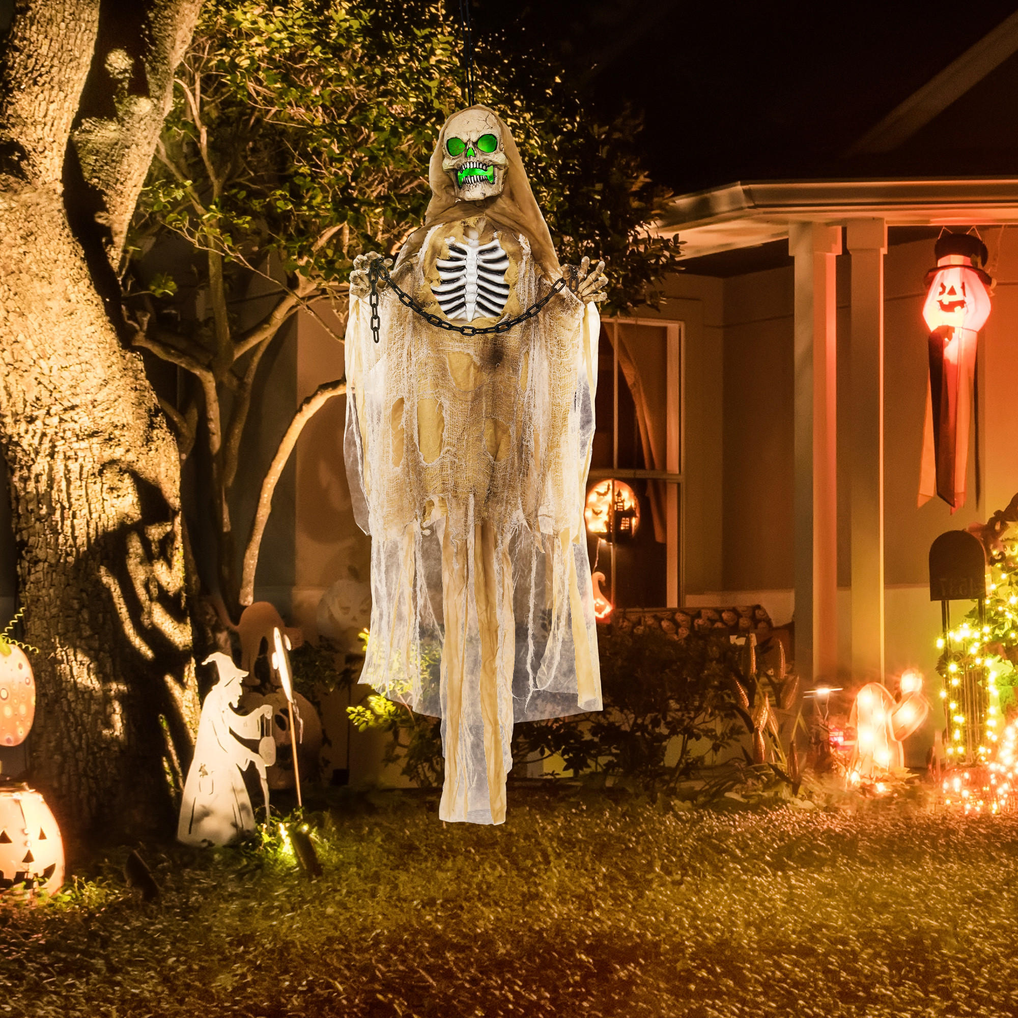 HALLOWEEN DECORATIONS 183cm Hängendes Skelett mit LED-Lichter, Soundfunktion - Hellbraun, Kunststoff/Metall (70/183/18cm) - HOMCOM