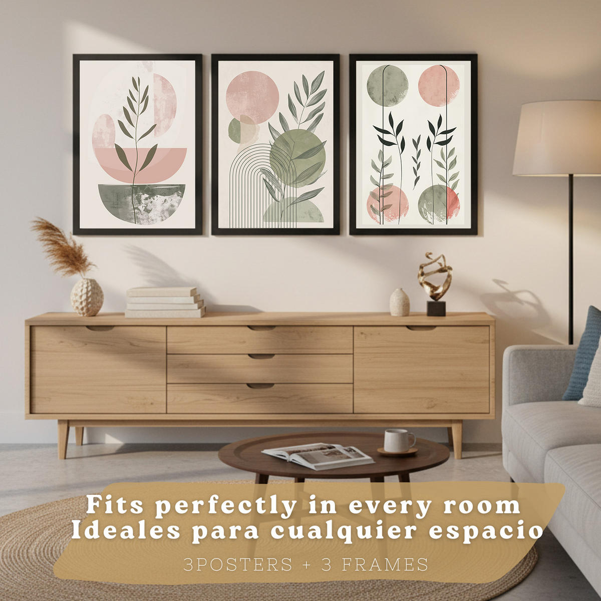 PLAKAT Sada 3 dekorativních nástěnných tisků, zelené a růžové tvary, pro moderní dekoraci obývacího pokoje květinové motivy, velikost Černý rám A3 - černá, papír (29.7/42/3cm) - Nacnic